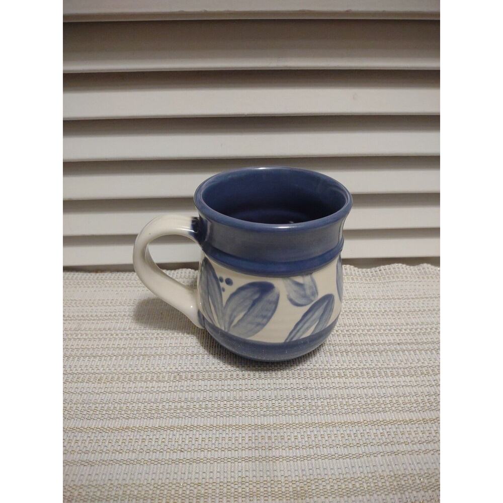 Pfaltzgraff VILLA FLORA Blue Leaf Flowers Band Stoneware Coffee Mug Cup